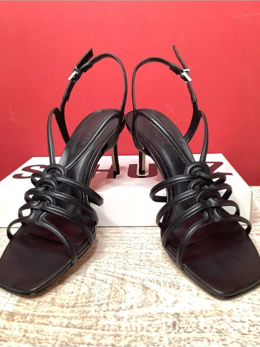 SCHUTZ Octavia Black Leather Knotted Strappy 3” Stiletto Sandals
